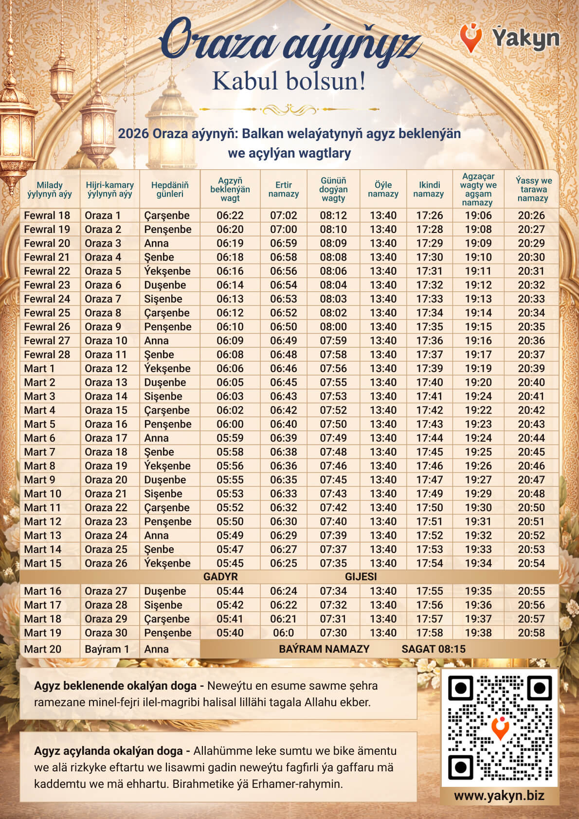2026-nji ýylyň Türkmenistanda Oraza aýynda agyz beklenýän we açylýan wagtlary