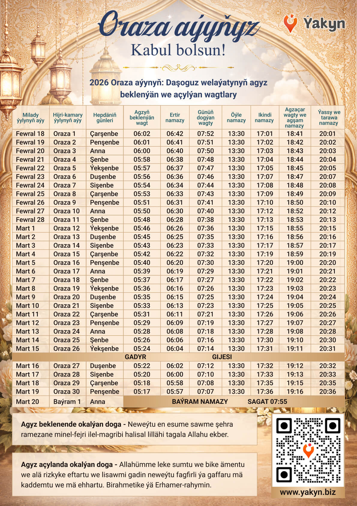 2026-nji ýylyň Türkmenistanda Oraza aýynda agyz beklenýän we açylýan wagtlary